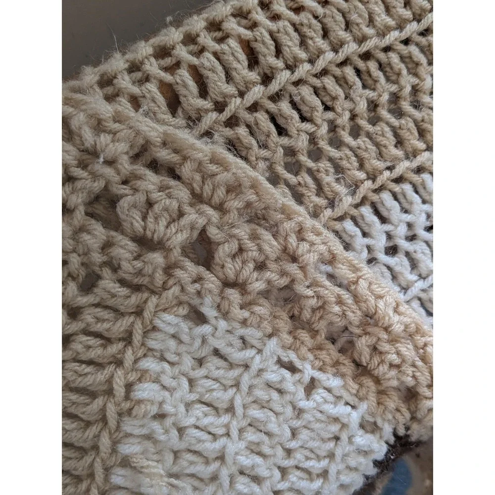 Vintage Handmade Crochet Afghan Throw Blanket 63x53 Tan Cream Brown Striped Farm